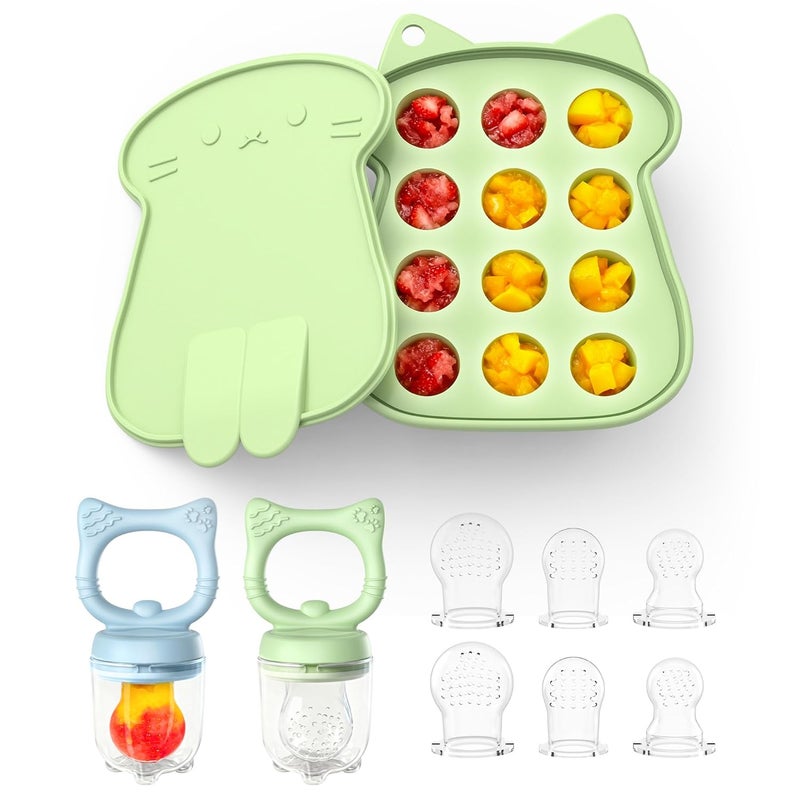 melican Silicone Baby Fruit Food Feeder (2 Pack) with Freezer Nibble Tray, Breastmilk Popsicle Molds for Baby Teething Relief, Feeder for Safe Infant Self Feeding, BPA Free, Dishwasher Safe, 3 Month+ Green - Image 1